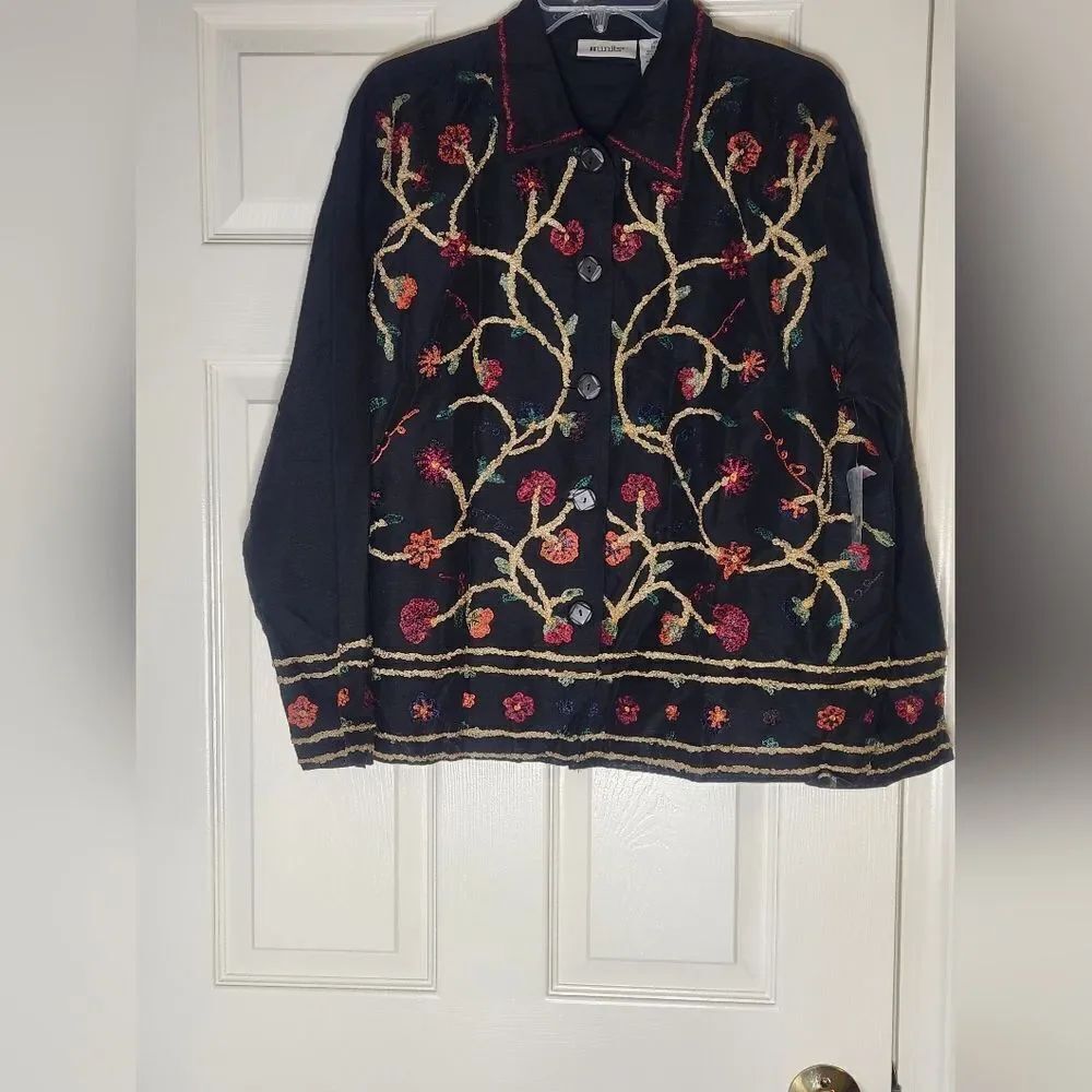 VTG 90s Units L SILK Blend Black Floral Crewel Embroidered Beaded Women Jacket